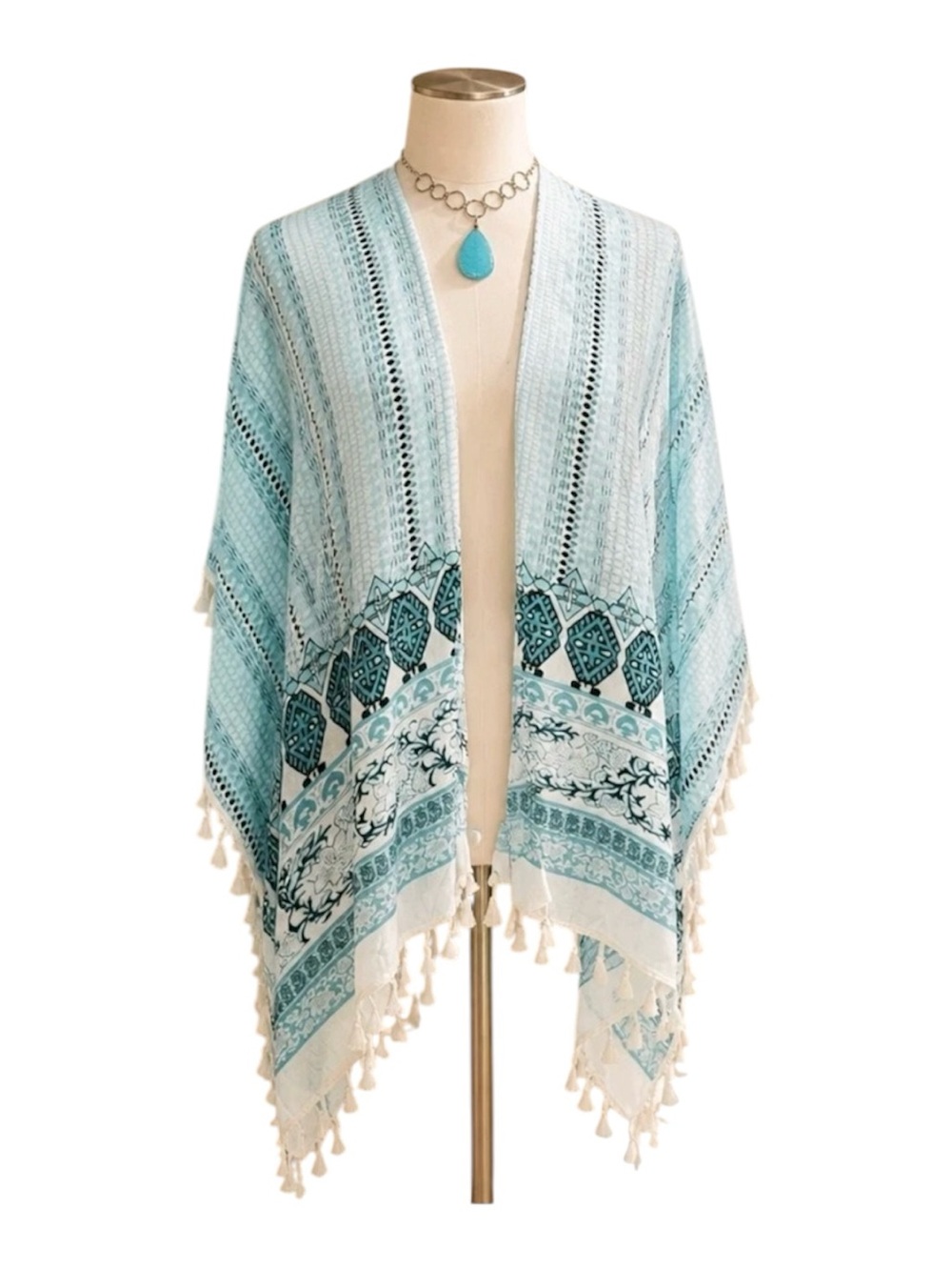 Bobbie Brooks Turquoise & Cream Patterned Tassel Kimono
